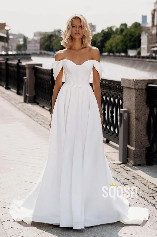 Chic & Modern A-Line Off-Shoulder Satin Waist Wedding Dress Bridal Gown QW8017 Satin Wedding Dress