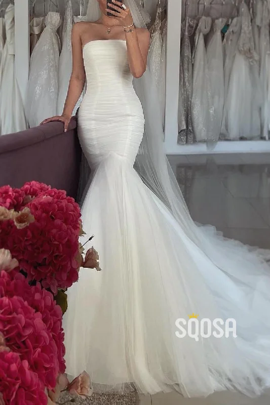 Simple Trumpet Strapless Ruched With Tulle Train Beach Wedding Dress QW8151 A-line Bridal Dress