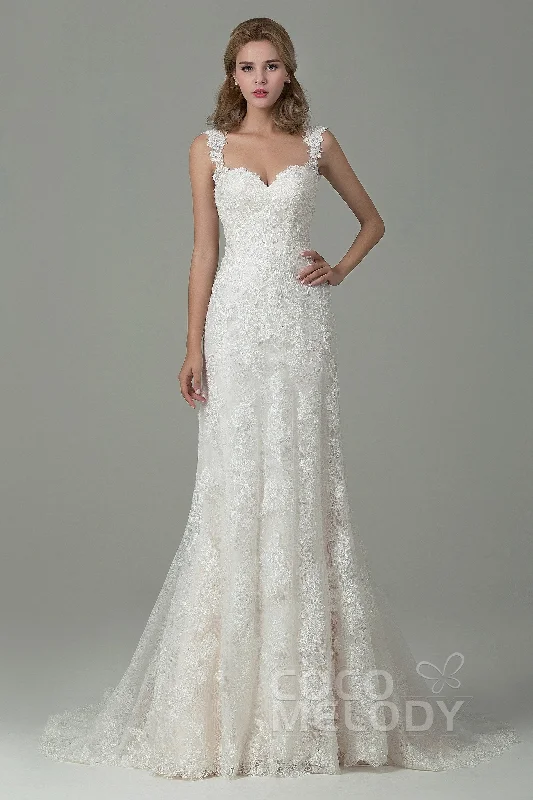 Sheath-Column Court Train Lace Wedding Dress CWVT15002 Floral Wedding Gown