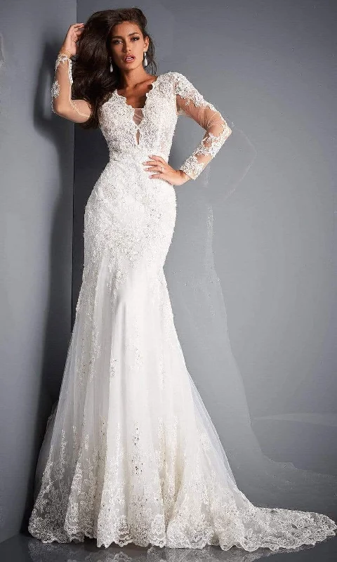 Jovani Bridal - JB02579 Embellished Long Sleeves Trumpet Bridal Gown Lace Boho Dress