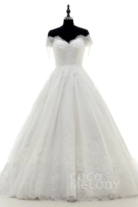 A-Line Court Train Lace Wedding Dress LD3832 Strapless Wedding Gown