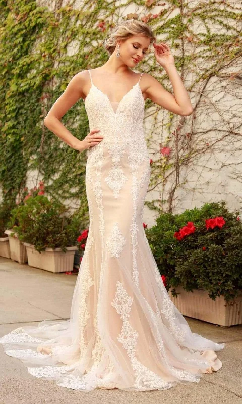 Nox Anabel - H494 Spaghetti Strapped Embroidered Gown A-line Wedding Gown