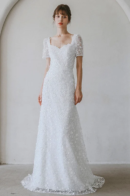 Sheath-Column Sweep-Brush Train Lace Wedding Dress CW3057 Romantic Lace Dress