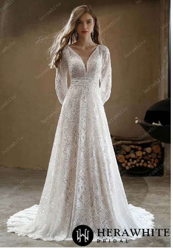 Unique Plunging V-Neck Lace Bohemian Wedding Gown Classic Bridal Dress