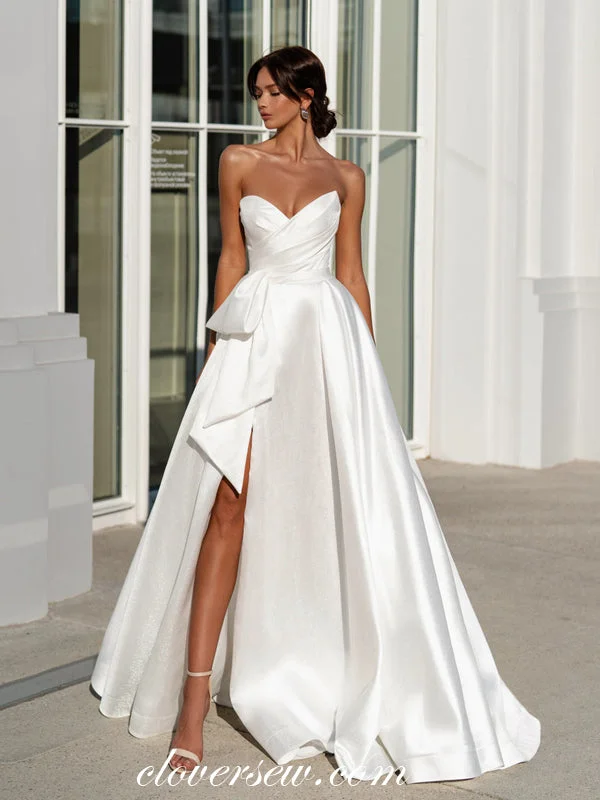 White Satin Strapless A-line Elegant Simple Wedding Dresses, CW0337 Satin Lace Gown