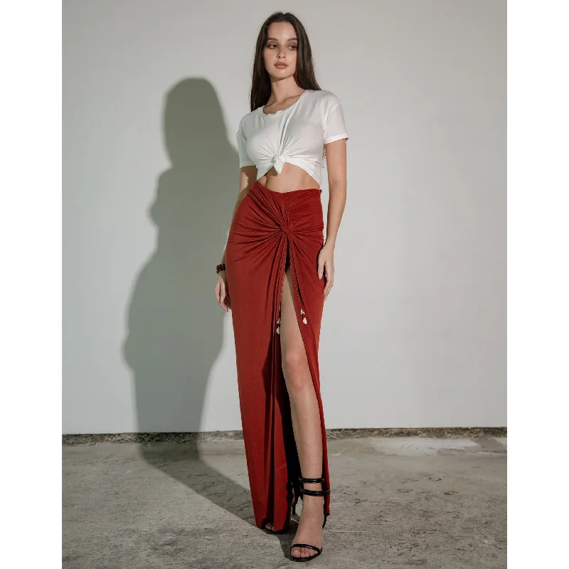 Rust Modal Soft Jersey Knotted Skirt with Shell Tassel Graduation unclassified skirts