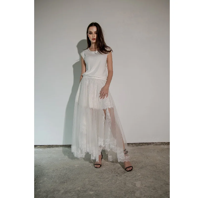 White Linen Skirt with Tulle and Lace Y2K unclassified skirts