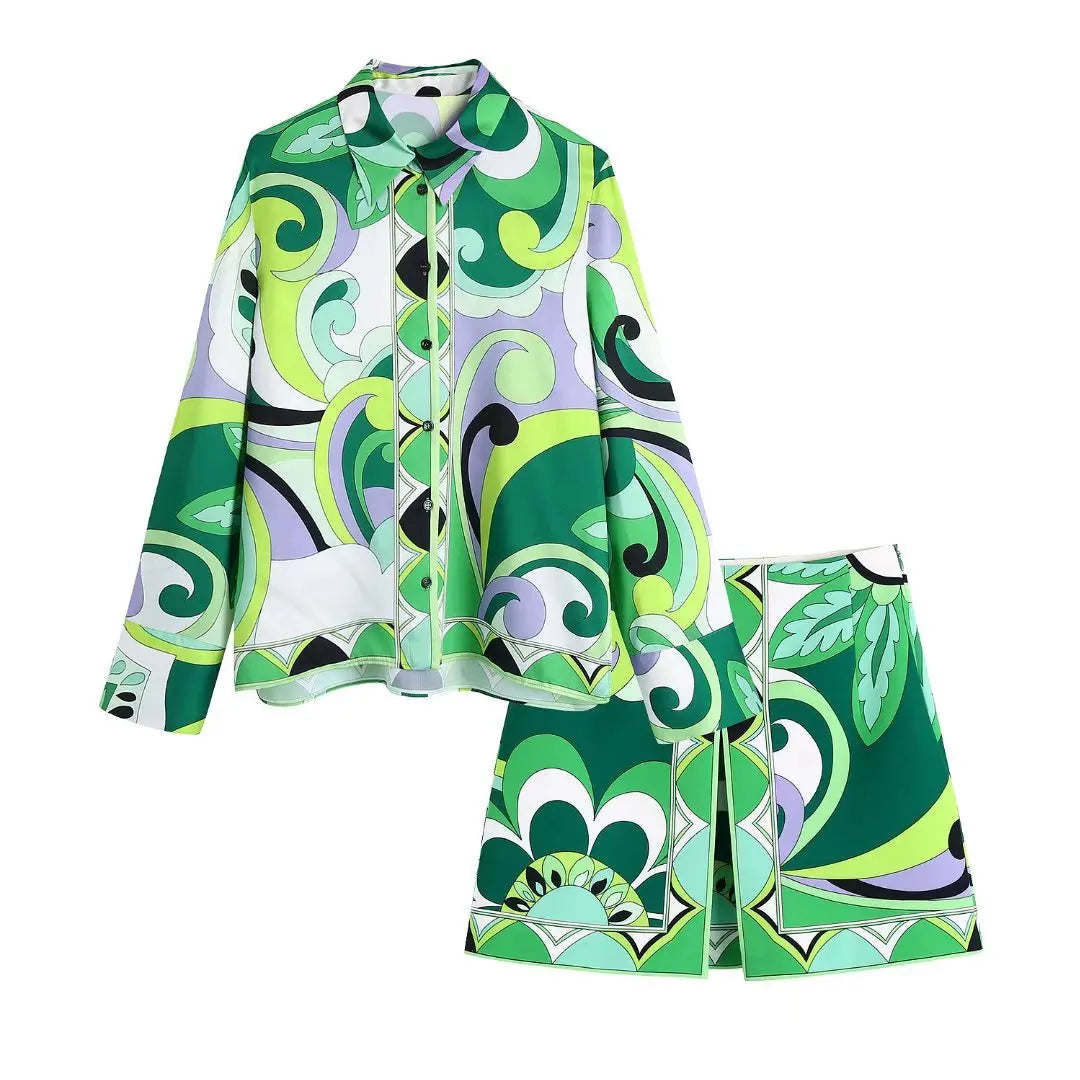 A&A Leaf Print A Line Skirt And Blouse Set High-waisted unclassified skirts