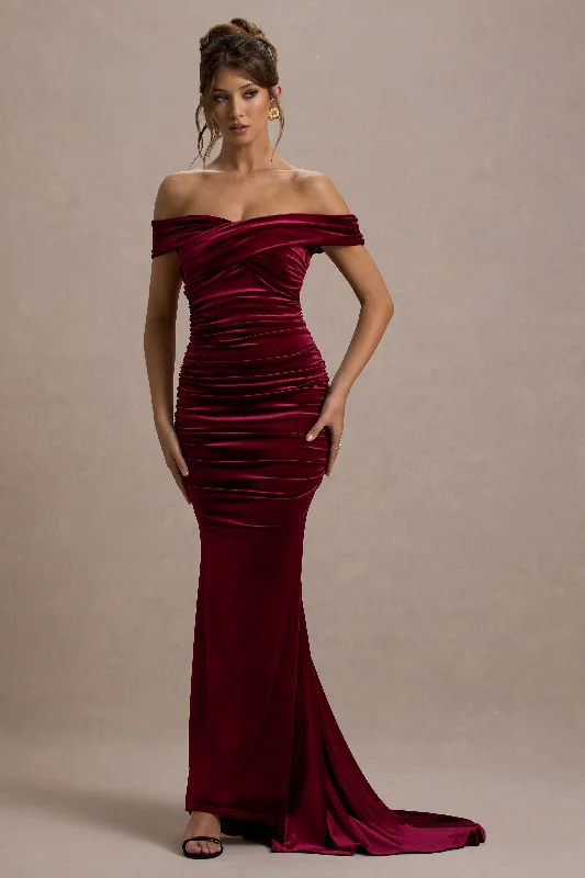 Apolline | Berry Velvet Off The Shoulder Ruched Fishtail Maxi Dress Affordable maxi dresses