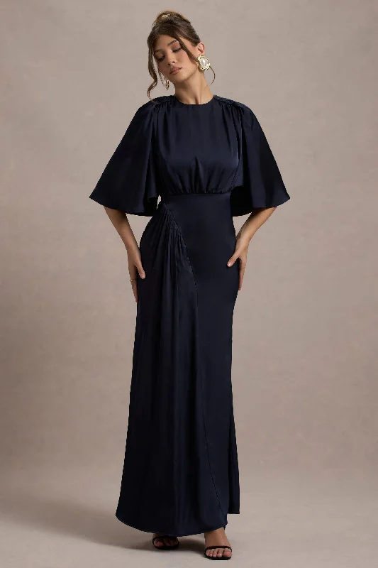 Cinder | Navy Satin Gathered Maxi Dress Leather maxi dresses