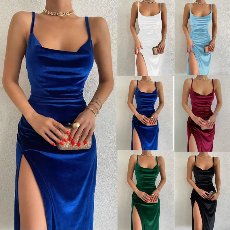 Festive Cheer Velvet Charming Slit Midi Dress Denim midi dresses