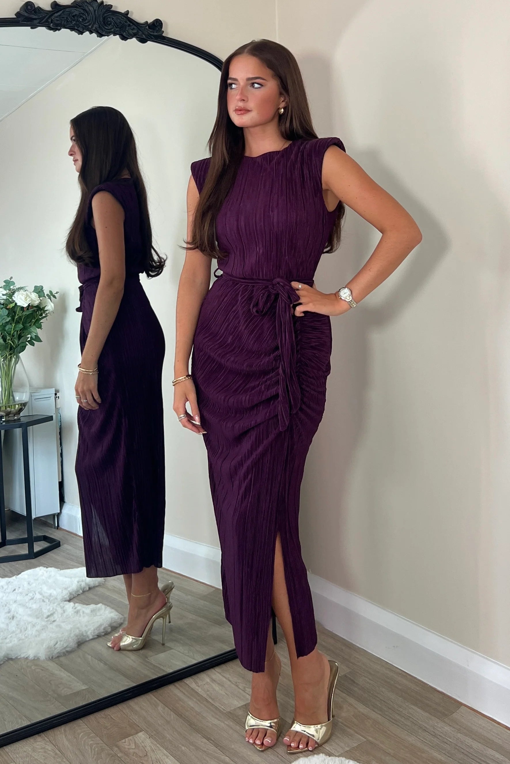 Girl In Mind Elena Ruched Sleeve Plisse Midi Purple Dress Red carpet midi dresses