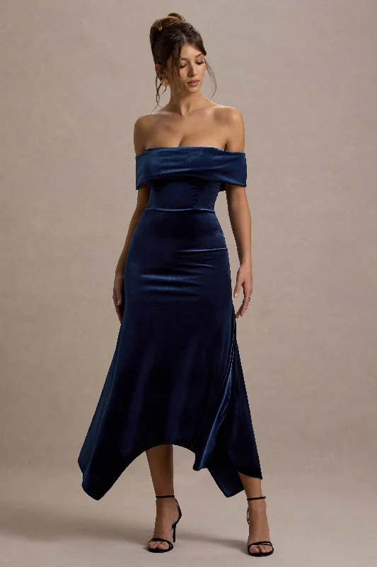 Halia | Navy Velvet Bardot Maxi Dress Holiday maxi dresses