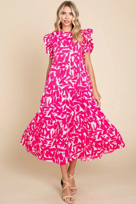 Jodifl Brushstroke Print Tiered Midi Dress in Pink Prom midi dresses