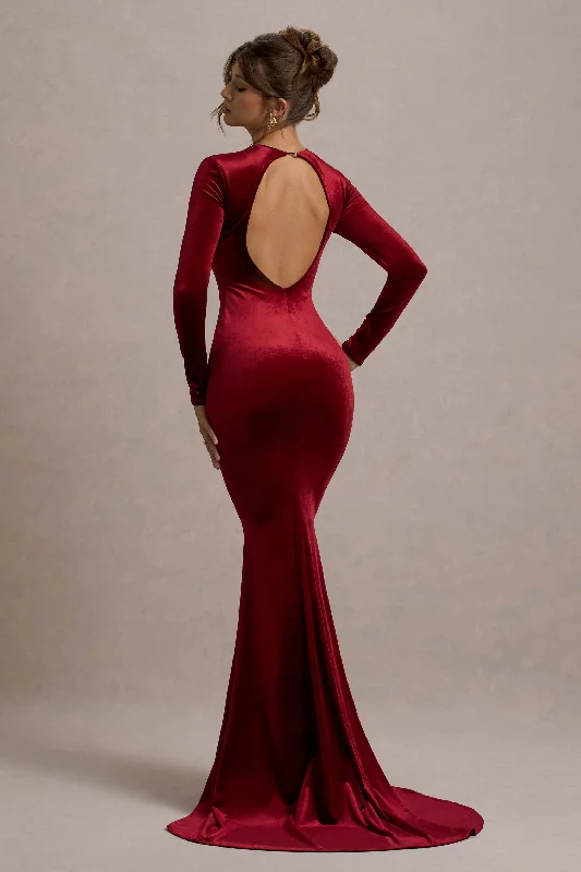 Keaton | Berry Velvet Long-Sleeve Open-Back Maxi Dress Minimalist maxi dresses