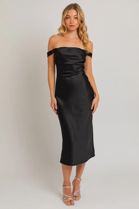 Late Night Off The Shoulder Satin Midi Dress High-end midi dresses