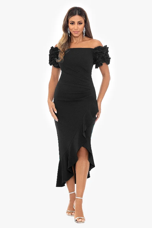 "Loretta" Scuba Crepe Off the Shoulder Ruffle Sleeve Midi Dress Versatile midi dresses for all occasions