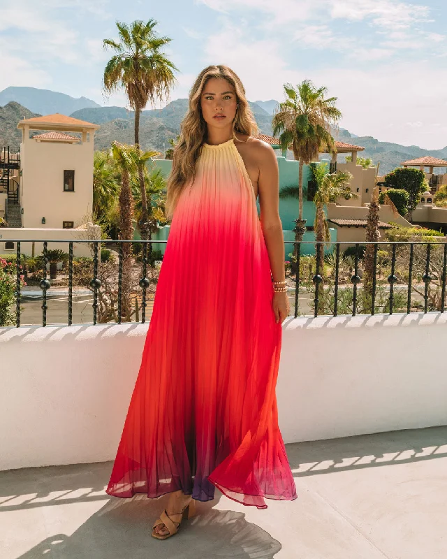 Mykonos Pleated Ombre Halter Maxi Dress - Pink Red Date night maxi dresses