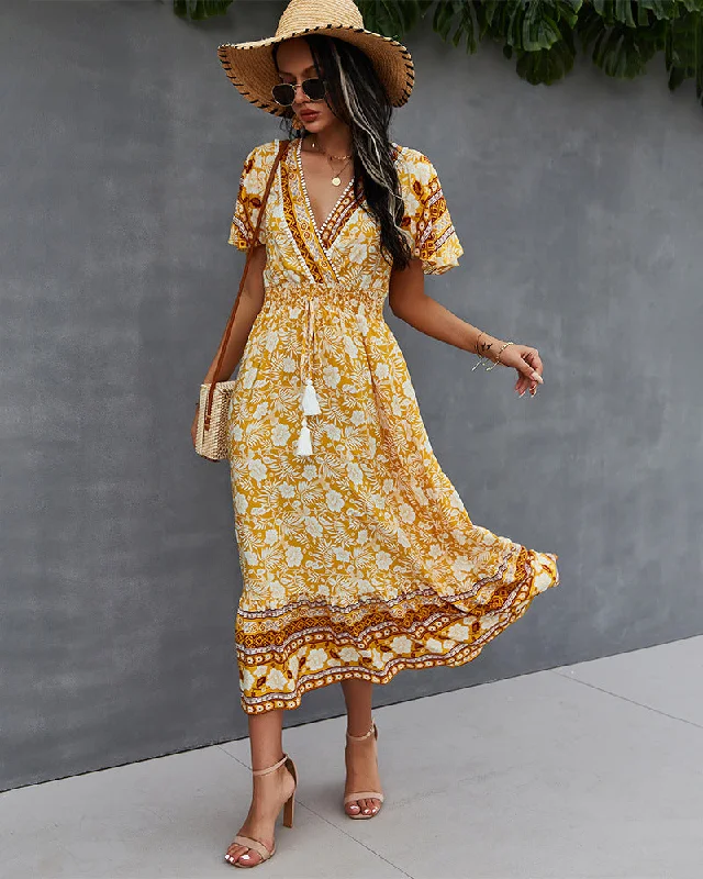 Nadine Floral Smocked Maxi Dress - Mustard Cotton maxi dresses