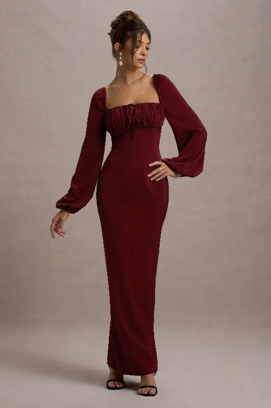 Nika | Berry Satin Square-Neck Balloon-Sleeve Maxi Dress Shein maxi dresses