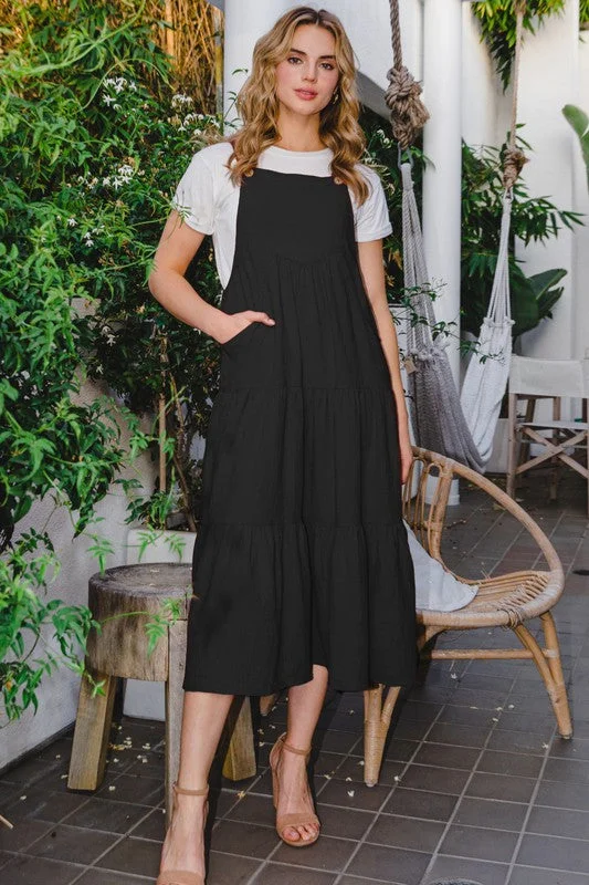 Oddi Button Sling Tiered Midi Dress in Black Best midi dresses for summer vacation