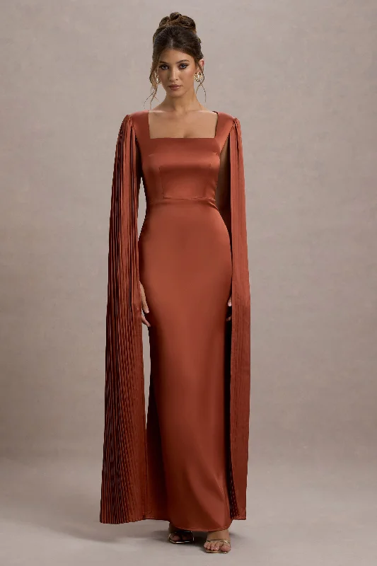 Saloma | Rust Satin Square-Neck Maxi Dress With Cape Sleeves Formal maxi dresses