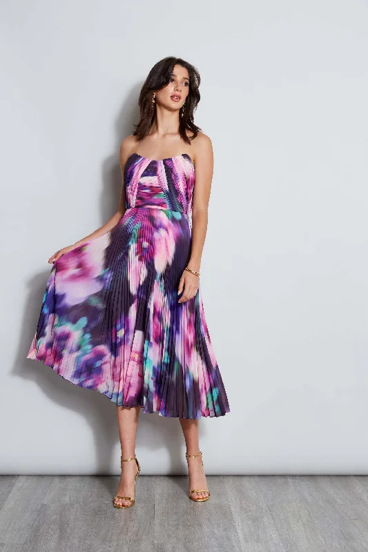 Strapless Pleated Print Midi Dress Ruffled midi dresses