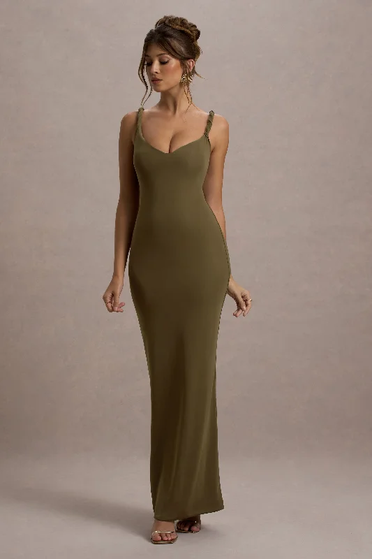 Twist Of Fate | Khaki Green Twist-Neck Maxi Dress Best maxi dresses for date night