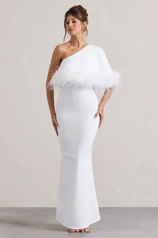 Valor | White Asymmetric Maxi Dress With Feather Trim Summer maxi dresses