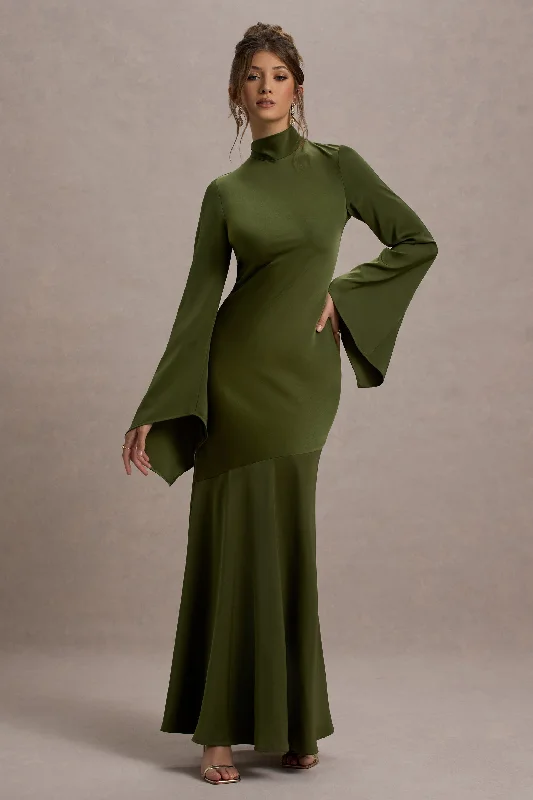 Veena | Olive Green Satin High-Neck Cut-Out Maxi Dress Velvet maxi dresses