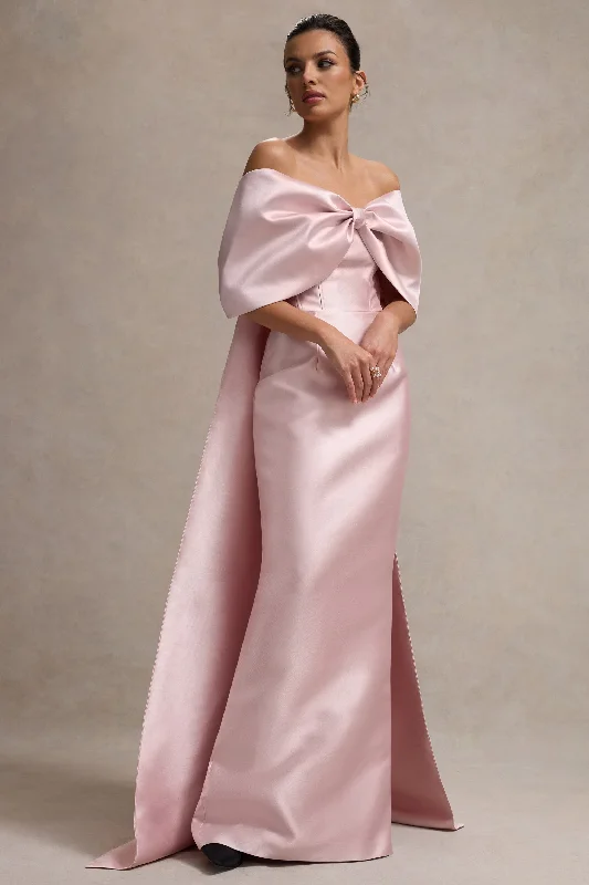 Wanting More | Pink Satin Cape Maxi Dress With Oversized Bow Elegant maxi dresses