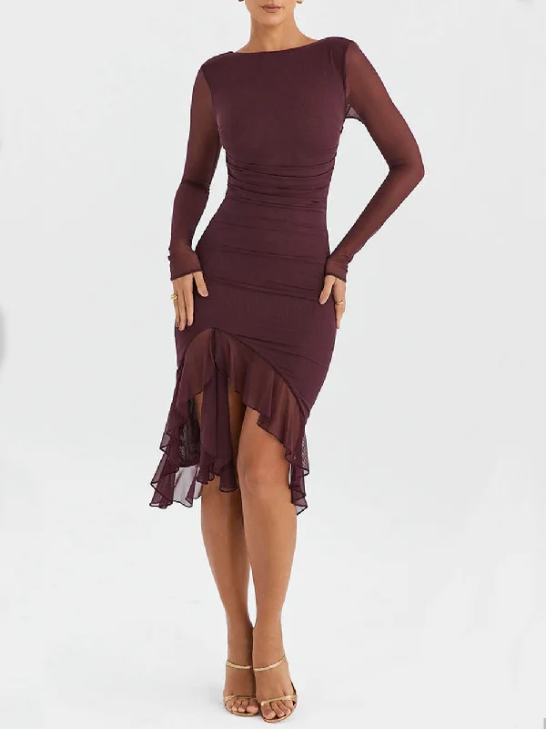 Wine Ruffle Stylish Midi Dress Lightweight midi dresses for hot weather