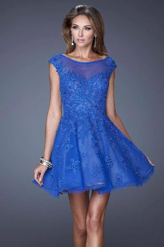 La Femme - Bateau Lace A-Line Cocktail Dress 20591 - 1 pc Electric Blue In Size 0 Available Flattering party dresses for all body types