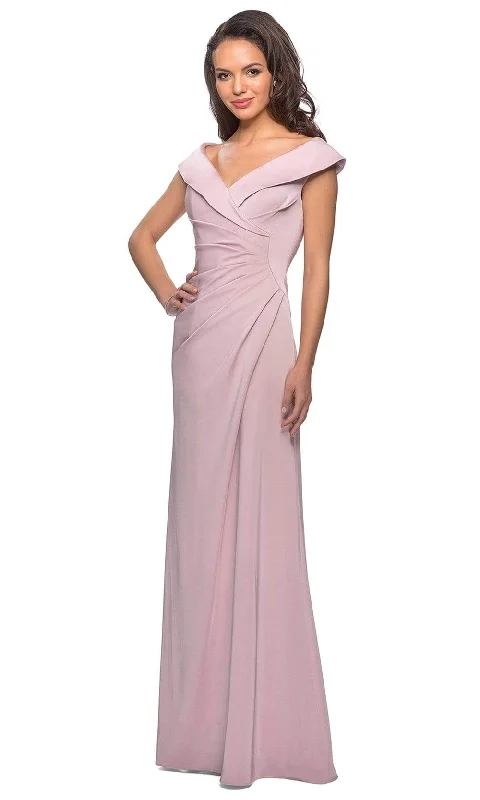 La Femme - Ruched Wide V Neck Evening Dress 26523SC Lightweight party dresses for summer