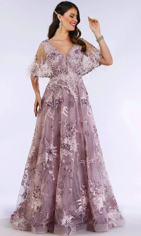 Lara Dresses - 29622 Feathery Sheer Cape Sleeve Embellish A-Line Gown Street style party dresses