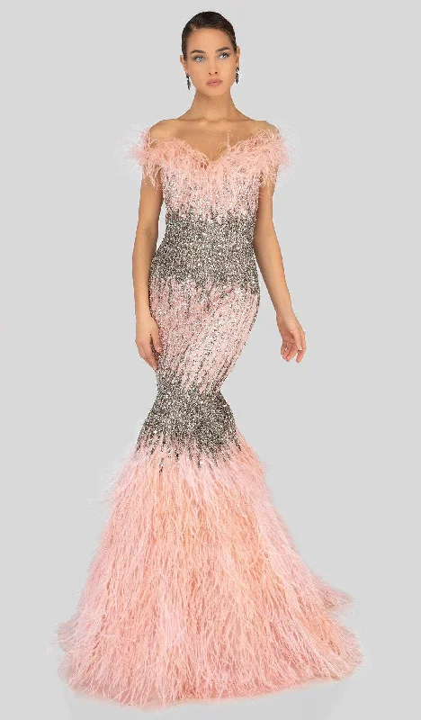 Terani Couture - 1911GL9512 Feather-Fringed Bejeweled Mermaid Gown Leather party dresses