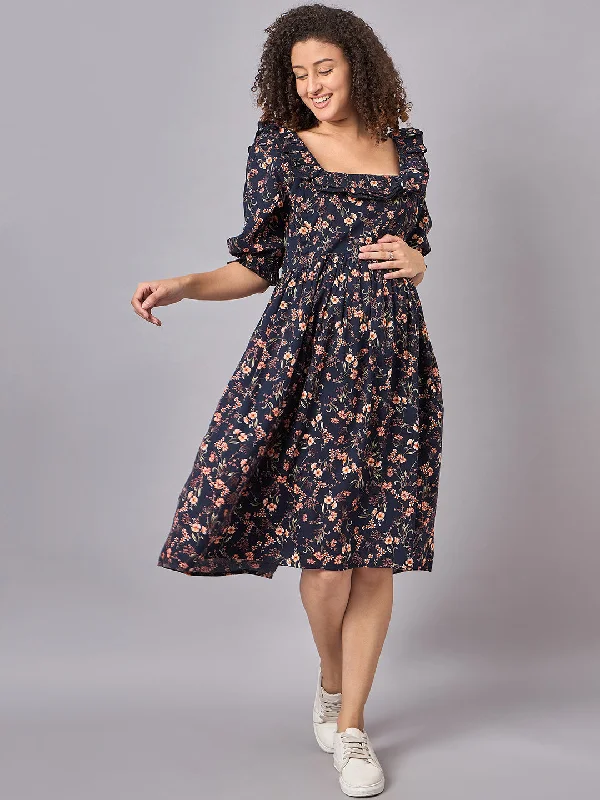 Blue Floral Maternity and Nursing Dress High-end floral dresses