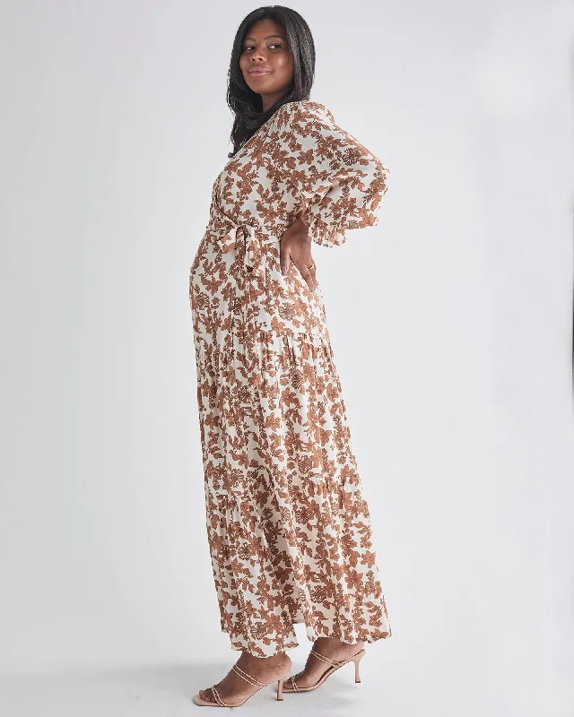 Elise Maternity Wrap Dress Nude Floral Print in White Chiffon floral dresses