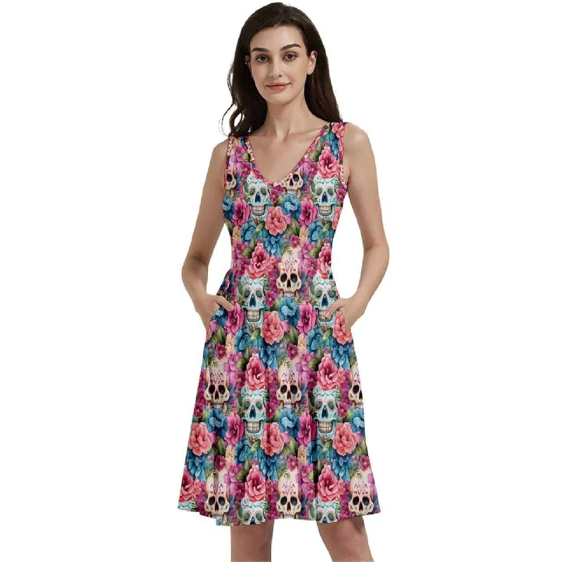 Floral Sugar Skulls Sleeveless V-Neck Skater Dress with Pockets Shein floral dresses