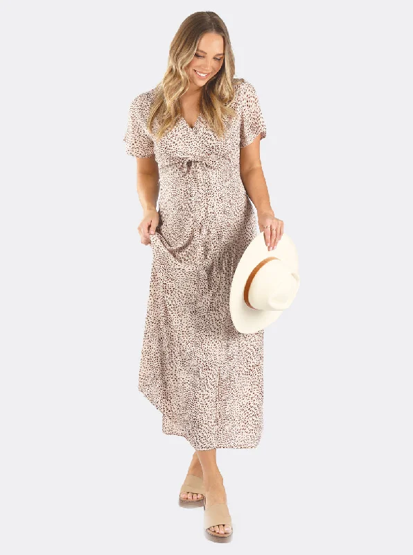 Isabella Beige Leopard Print Maternity & Nursing Wrap Dress Best floral dresses for beach vacations