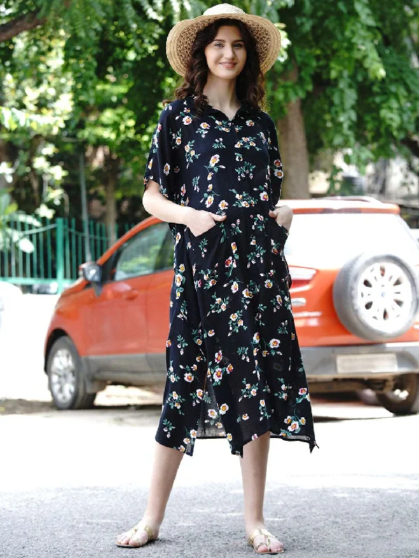 Black Floral Print Maternity Kaftaan Dress Minimalist floral dresses