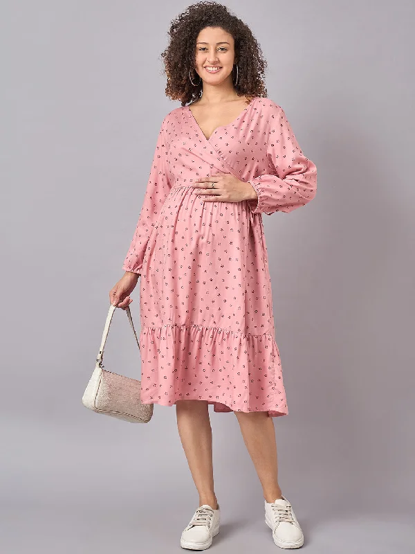 Pink Floral Printed Maternity and Nursing Dress with Side Wrap Chiffon floral dresses