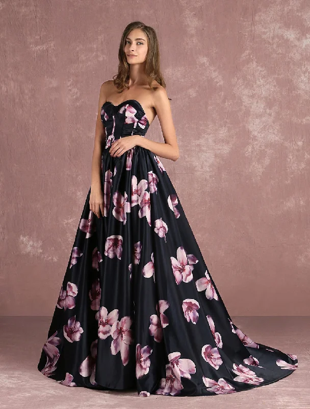 Stunning Floral Pageant Dress Black Sweatheart Strapless Long evening dress Boned Printed Chapel Train Occasion Dress Versatile floral dresses for all occasions