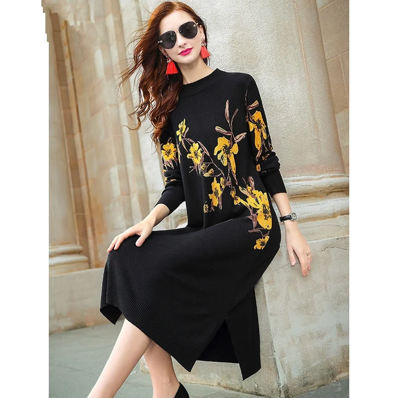 ZUOMAN Winter Vintage Loose Floral Casual Sweater Autumn 3XL Plus Size Black Knitted Sweater Dress Women Elegant Bodycon Pullove Vacation floral dresses