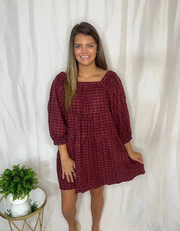 3/4 sleeve plaid dress with pockets Printed unclassified dresses