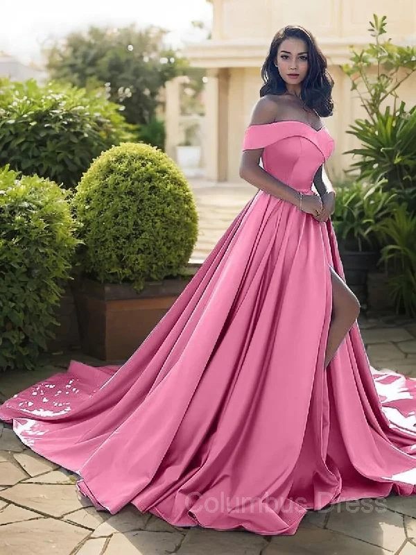 A-Line/Princess Off-the-Shoulder Court Train Satin Evening Dresses With Leg Slit outfit Date night unclassified dresses