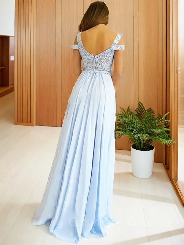 A-Line/Princess Off-the-Shoulder Floor-Length Chiffon Prom Dresses With Leg Slit Flowy unclassified dresses