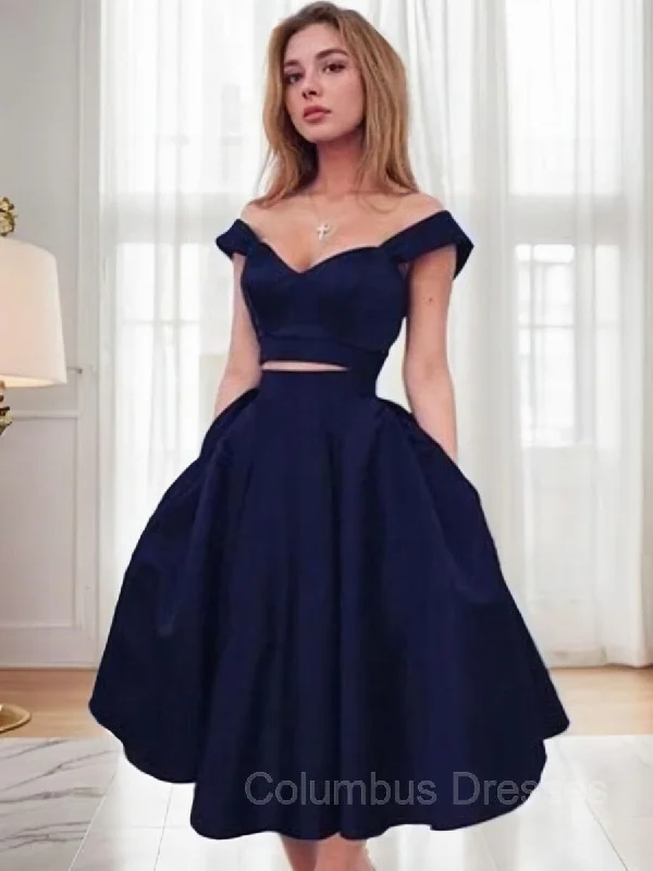 A-Line/Princess Off-the-Shoulder Tea-Length Satin Homecoming Dresses Knitted unclassified dresses