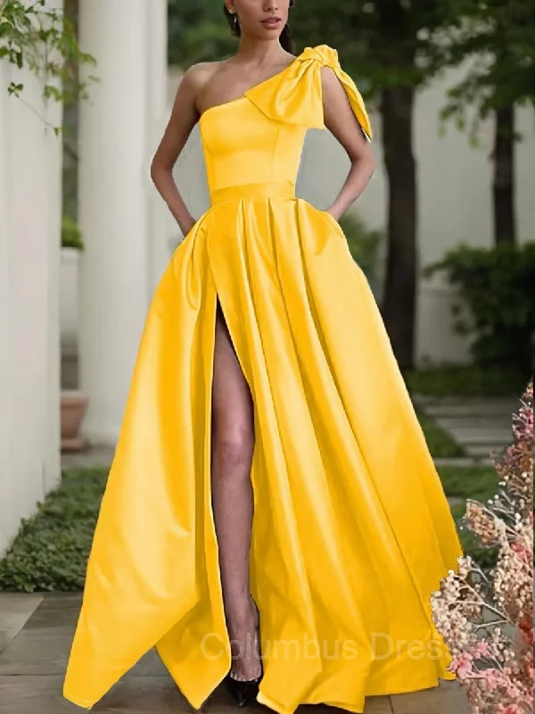 A-Line/Princess One-Shoulder Sweep Train Satin Prom Dresses With Leg Slit Designer unclassified dresses