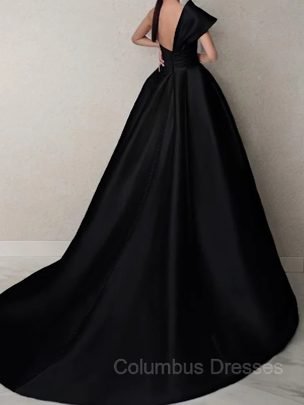 A-Line/Princess One-Shoulder Sweep Train Satin Prom Dresses With Ruffles Club unclassified dresses